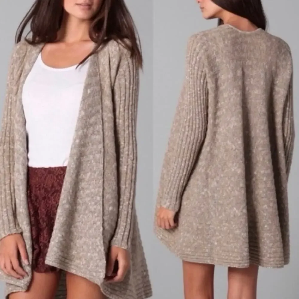Free People Waterfall Cardigan XS Taupe Wool Blend Draped Boho Granola Sweater